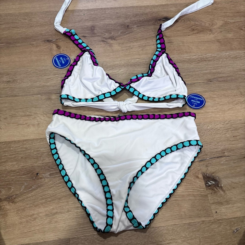 Swimsuits For All White Crochet Trim Bikini Set Purple Teal 65-1683-5 Size 6